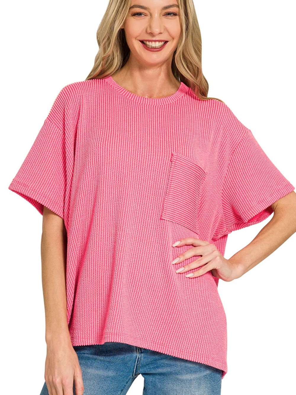Zenana Raised Rib Front Pocket T-Shirt oversized fit women's size S/M fuchsia